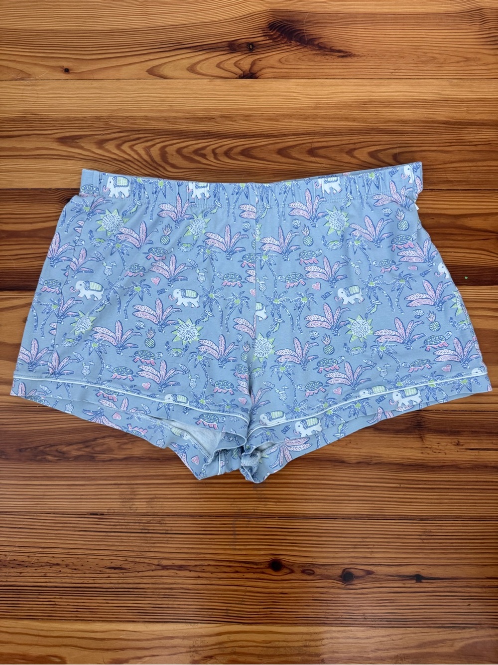 Roller Rabbit Light Blue Elephant & Floral Palm Tree Sleep Shorts PJ Pima LG EUC